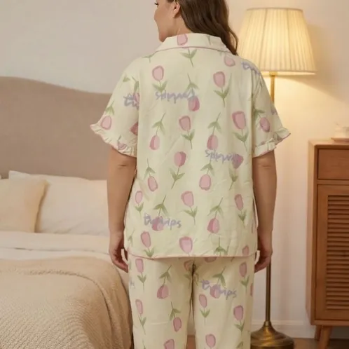 plus size short sleeve button front printed pajama set xlkte-052 front view