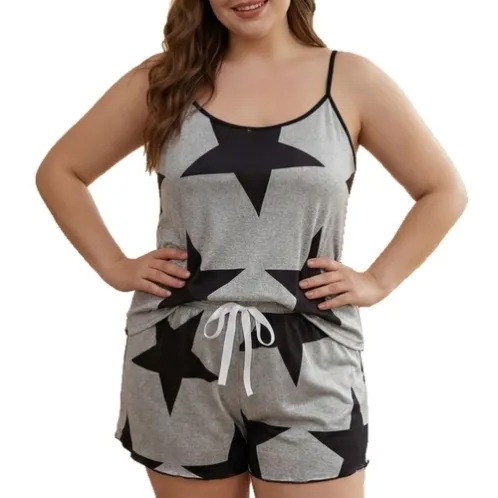 plus size sleeveless printed shorts pajama set xlkte-021 detail view