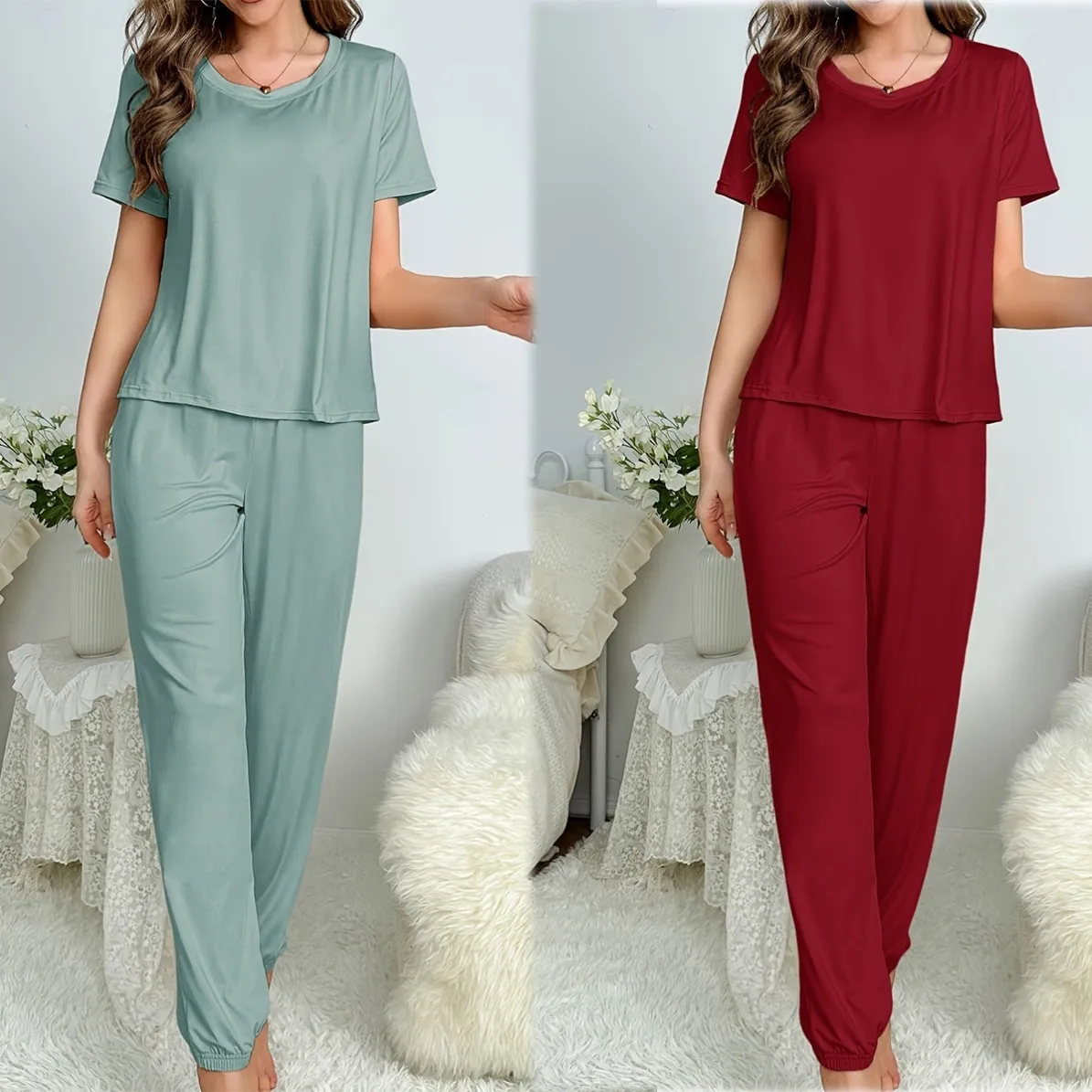 women milk silk pajama set xlk93012-2 lifestyle view