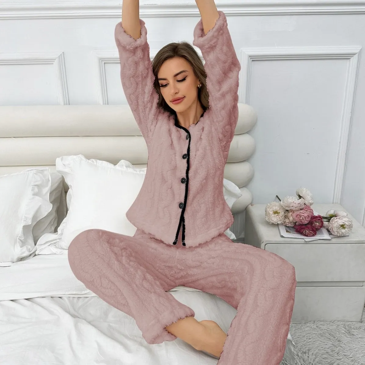 women flannel warm striped long sleeve long pants pajama set xlk5312-1 lifestyle view
