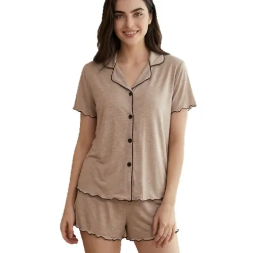 short sleeve lapel collar button front shorts pajama set xlkl860 front view