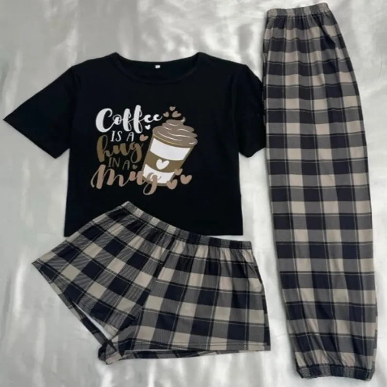 women milk silk lightweight cartoon print plaid three piece pajama set xlk600826 lifestyle view
