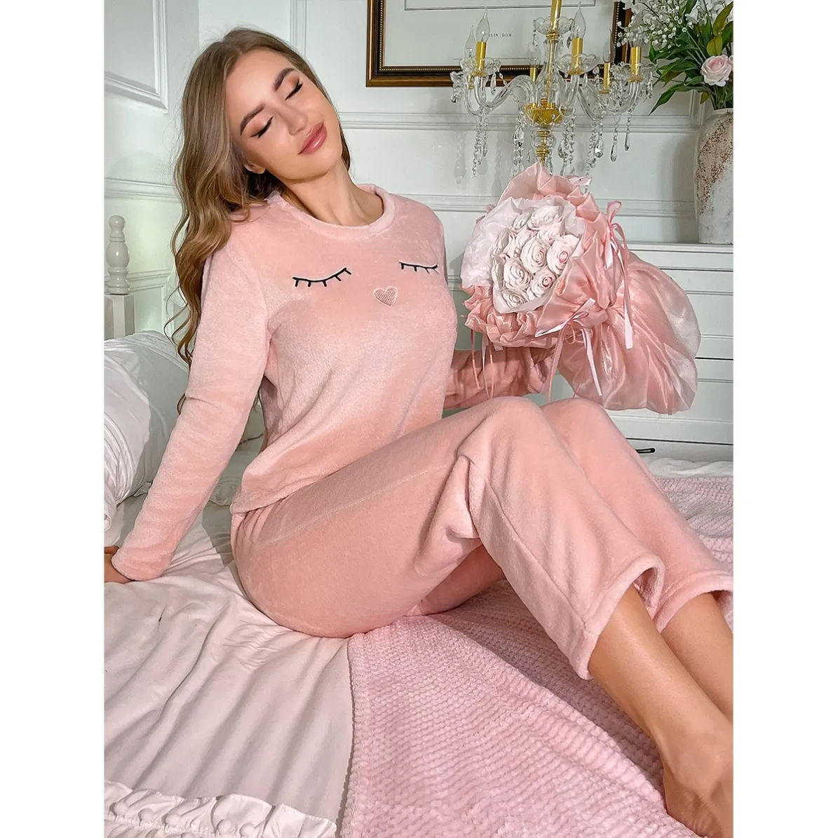 women flannel warm cartoon print pajama set xlk5232 lifestyle view