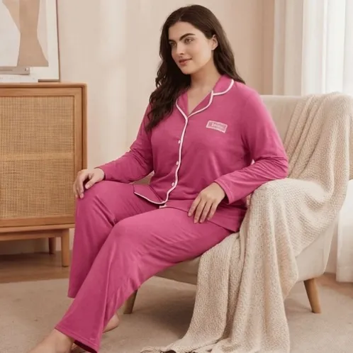 plus size long sleeve lapel collar button front pajama set xlkl686 front view