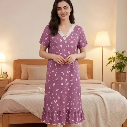 short sleeve lace trim printed nightdress xlkl659 front view