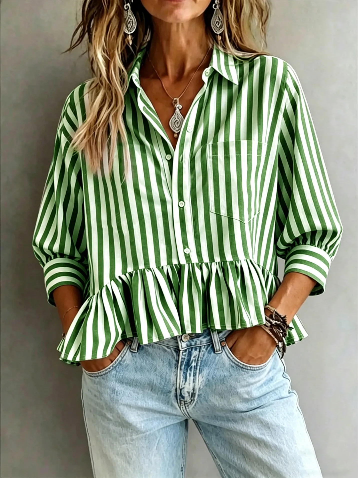 striped three-quarter sleeve ruffle shirt xlk0105 front view