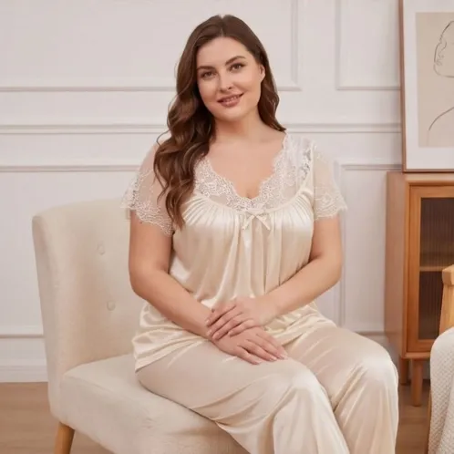 plus size short sleeve lace trim long pants pajama set xlkl187 lifestyle view