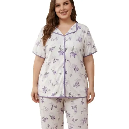 short sleeve lapel collar printed long pants pajama set xlkte-161 detail view