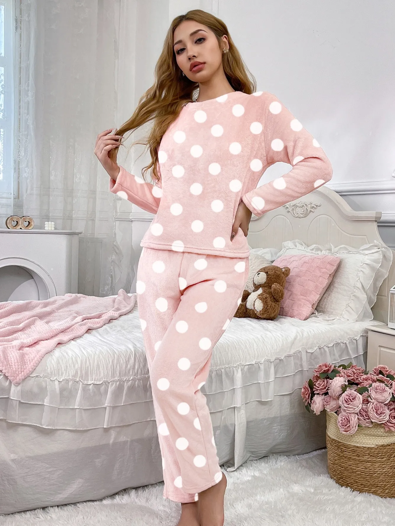 women flannel warm long sleeve long pants pajama set xlk5087 lifestyle view