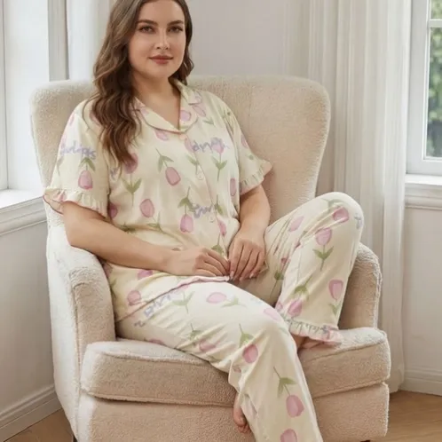 plus size short sleeve button front printed pajama set xlkte-052 front view