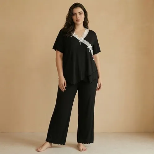 plus size short sleeve v-neck lace trim pajama set xlkl443 detail view