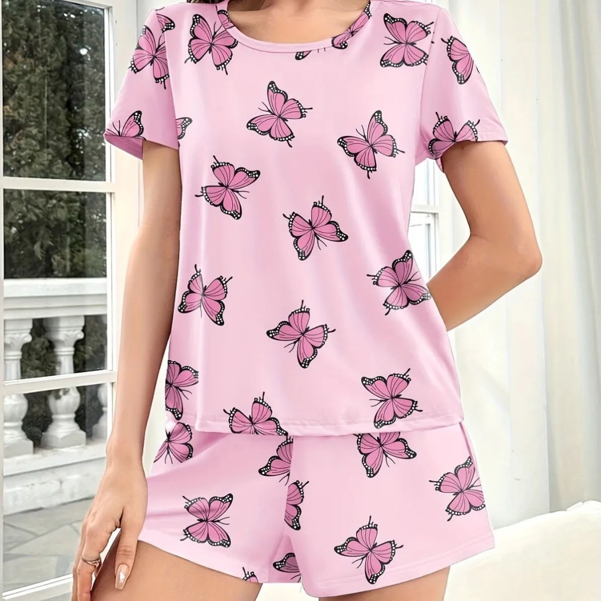 women milk silk lightweight printed short sleeve shorts pajama set xlkg34021 lifestyle view