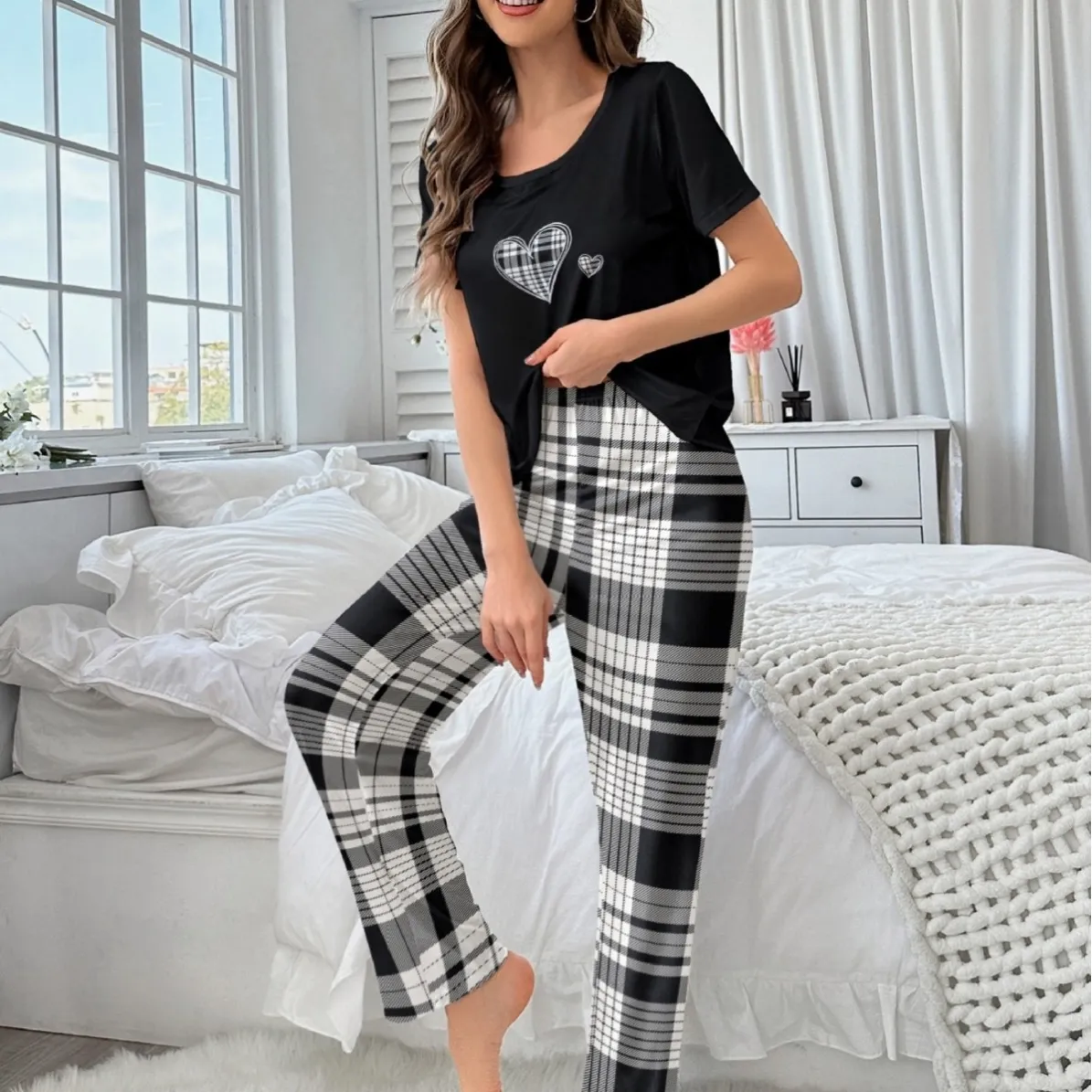 women milk silk plaid pajama set xlk93051 lifestyle view
