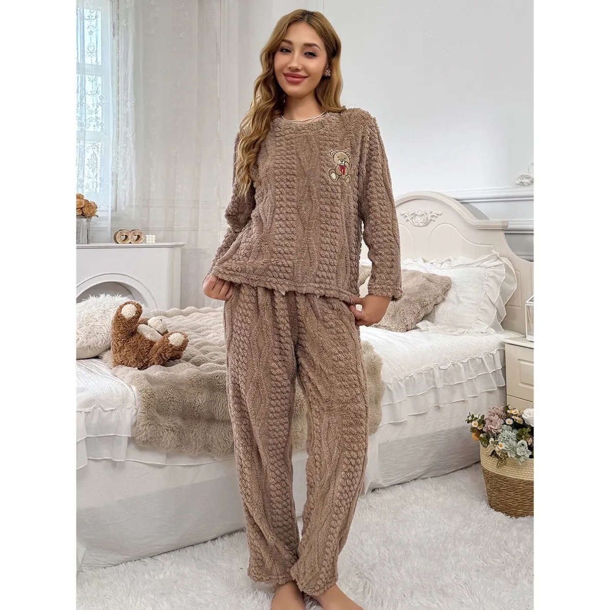 women coral fleece warm cartoon print pajama set xlk13419 lifestyle view