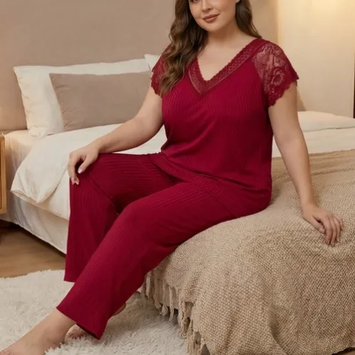plus size short sleeve v-neck lace trim solid color long pants pajama set xlkl515 color option