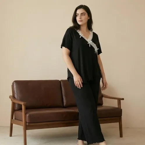 plus size short sleeve v-neck lace trim pajama set xlkl443 lifestyle view