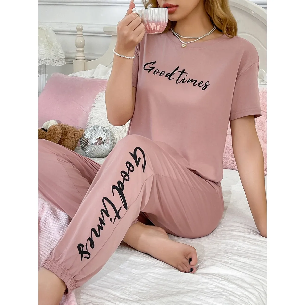 women milk silk printed short sleeve long pants pajama set xlk9881-2 lifestyle view