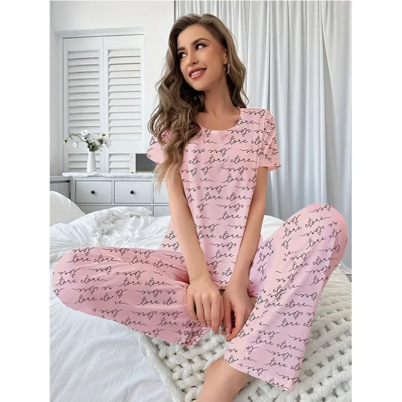women milk silk lightweight printed short sleeve long pants pajama set xlkp93063 lifestyle view