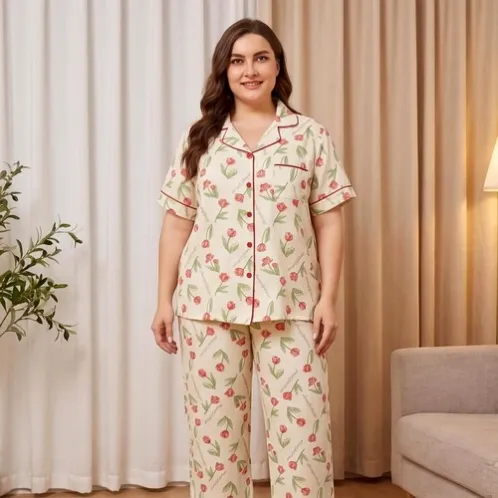 plus size short sleeve printed pajama set AL-020 front view
