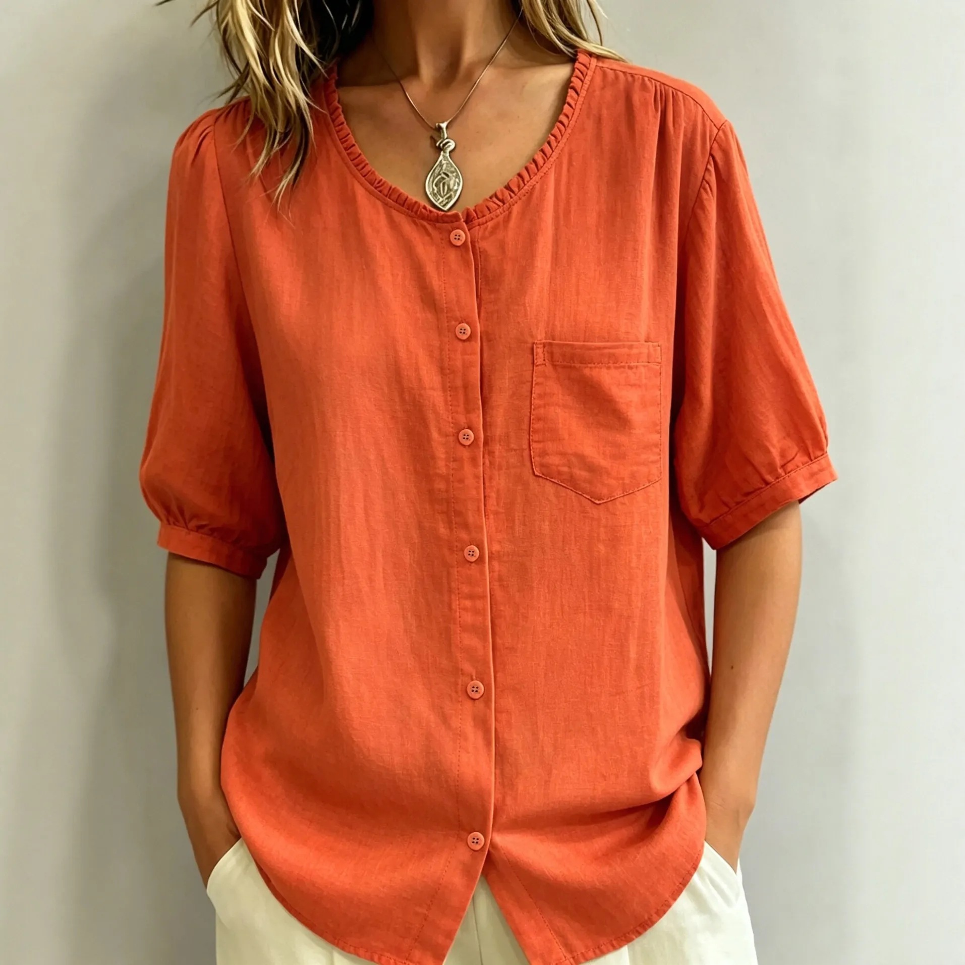three-quarter sleeve ruffle button front blouse xlk0136 front view