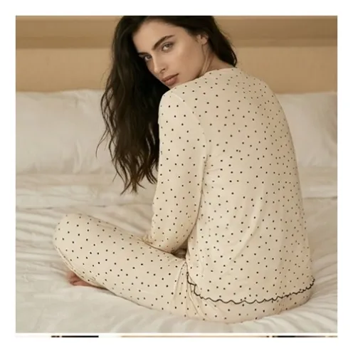 long sleeve lace trim polka dot printed long pants pajama set xlkl765 detail view