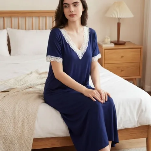short sleeve v-neck lace trim nightdress xlkte-043 front view