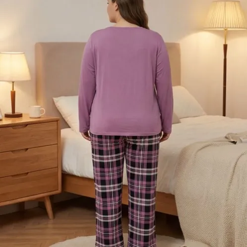 plus size long sleeve round neck printed long pants pajama set xlkte-124 detail view