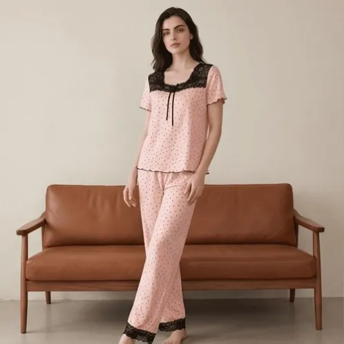 short sleeve lace trim polka dot printed pajama set xlkl465 detail view
