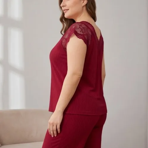 plus size short sleeve v-neck lace trim solid color long pants pajama set xlkl515 lifestyle view