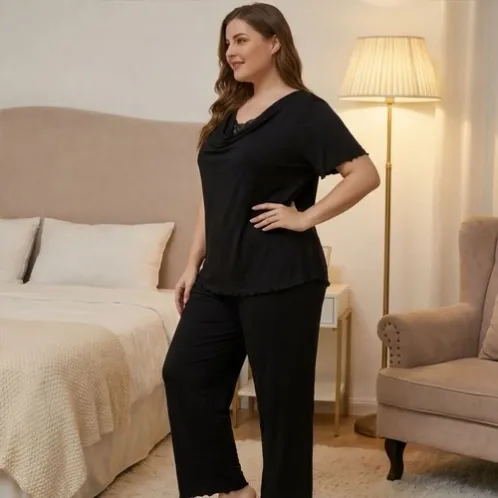 plus size short sleeve lace trim long pants pajama set xlkl601 detail view