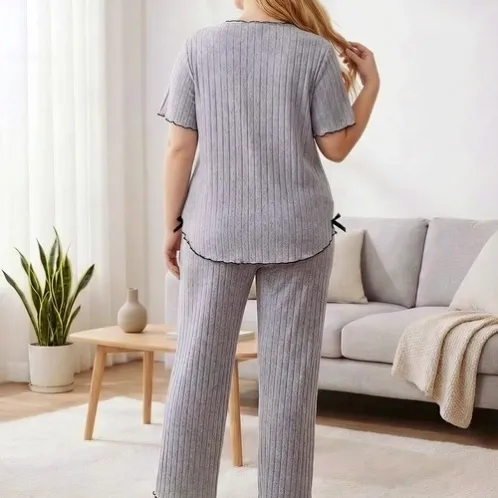 short sleeve lapel collar solid color long pants pajama set xlkl612 lifestyle view