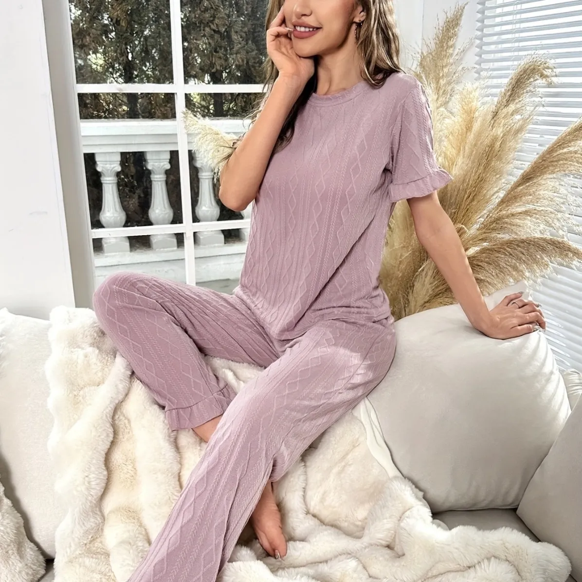 women milk silk lightweight ruffle trim short sleeve long pants pajama set xlk9831 front view