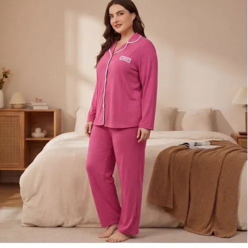 plus size long sleeve lapel collar button front pajama set xlkl686 front view