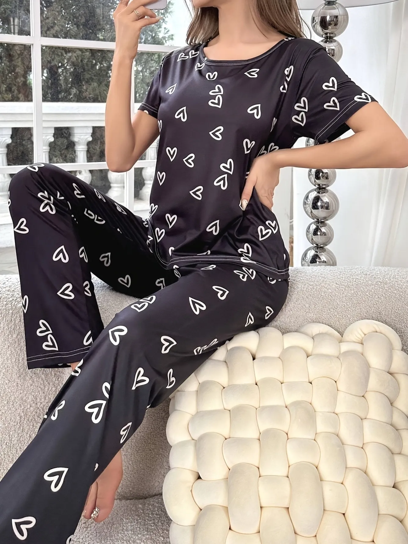 women milk silk printed short sleeve long pants pajama set xlk93055 lifestyle view