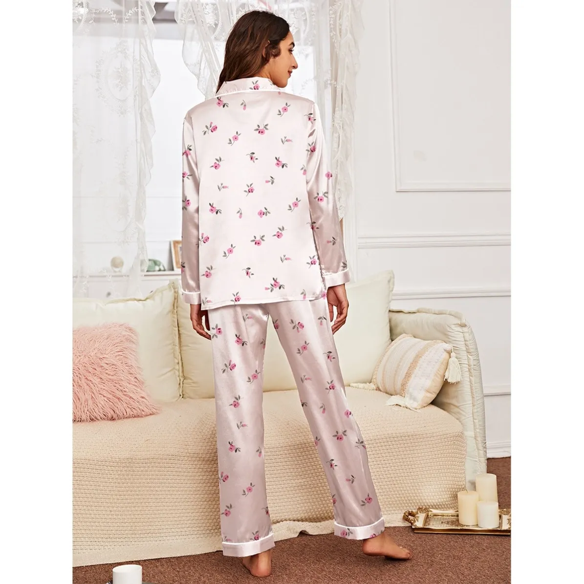 women faux silk warm button front long sleeve long pants pajama set xlk222010 lifestyle view