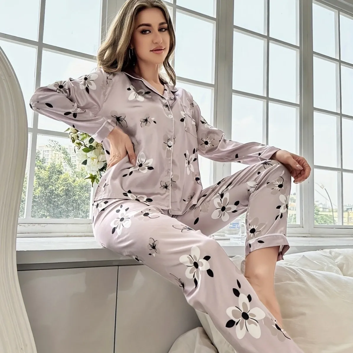 women satin cartoon print long sleeve long pants pajama set xlk222021 lifestyle view