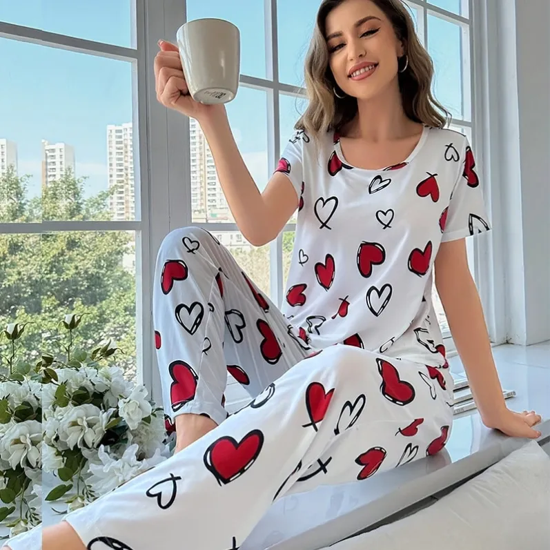 women milk silk lightweight printed short sleeve long pants pajama set xlk93027-2 lifestyle view