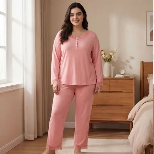 plus size long sleeve round neck long pants pajama set xlkl674 front view