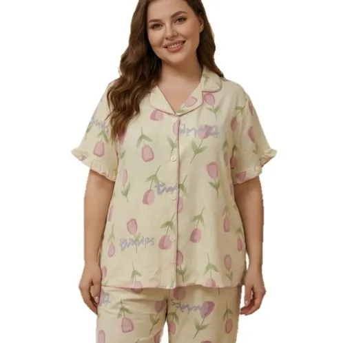plus size short sleeve button front printed pajama set xlkte-052 front view