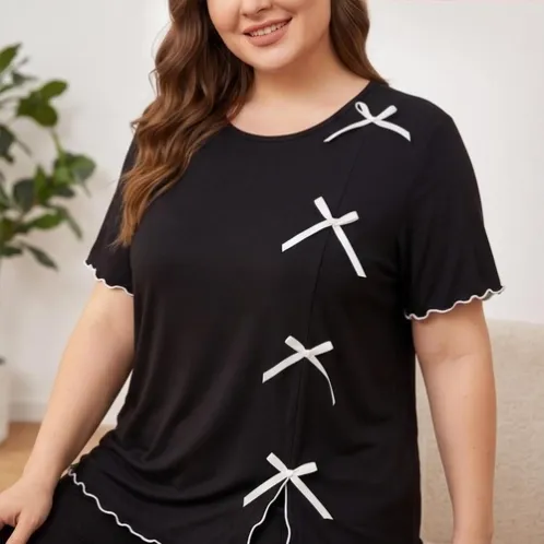 plus size short sleeve solid color long pants pajama set xlkl421 lifestyle view