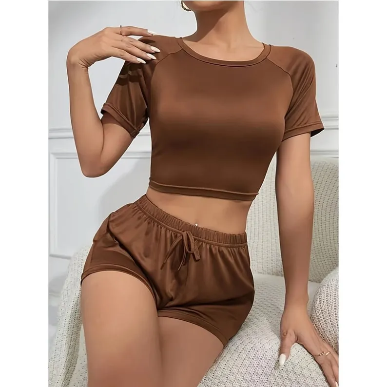 women milk silk short sleeve shorts pajama set xlk34015 front view