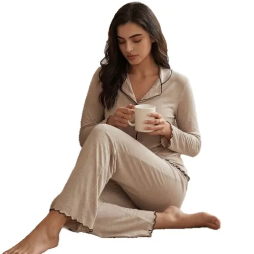long sleeve lapel collar button front pajama set xlkl633 front view