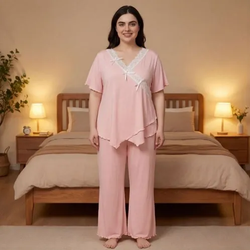 plus size short sleeve v-neck lace trim pajama set xlkl443 detail view
