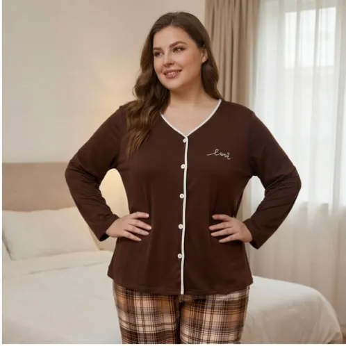 plus size long sleeve button front long pants pajama set xlkl742 front view