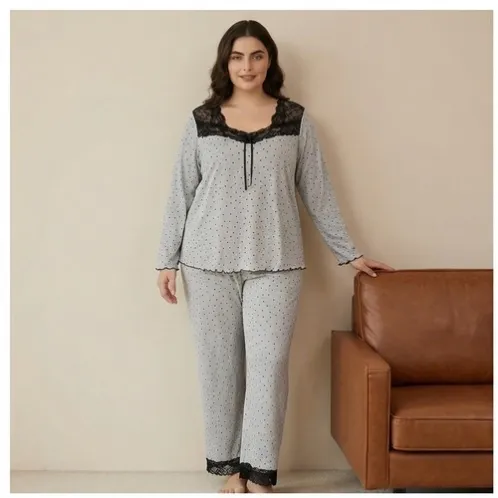 plus size long sleeve polka dot printed long pants pajama set xlkl715 front view