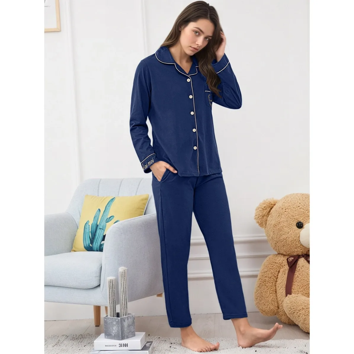 women cotton button front long sleeve long pants pajama set xlk411 lifestyle view