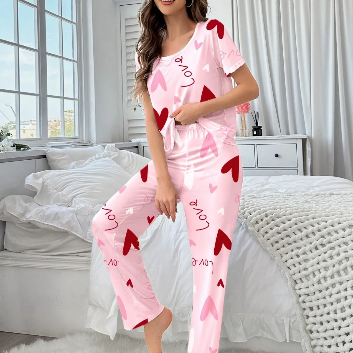 women milk silk printed short sleeve long pants pajama set xlk93066 lifestyle view