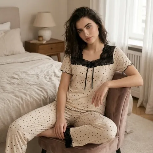 short sleeve lace trim polka dot printed pajama set xlkl465 detail view