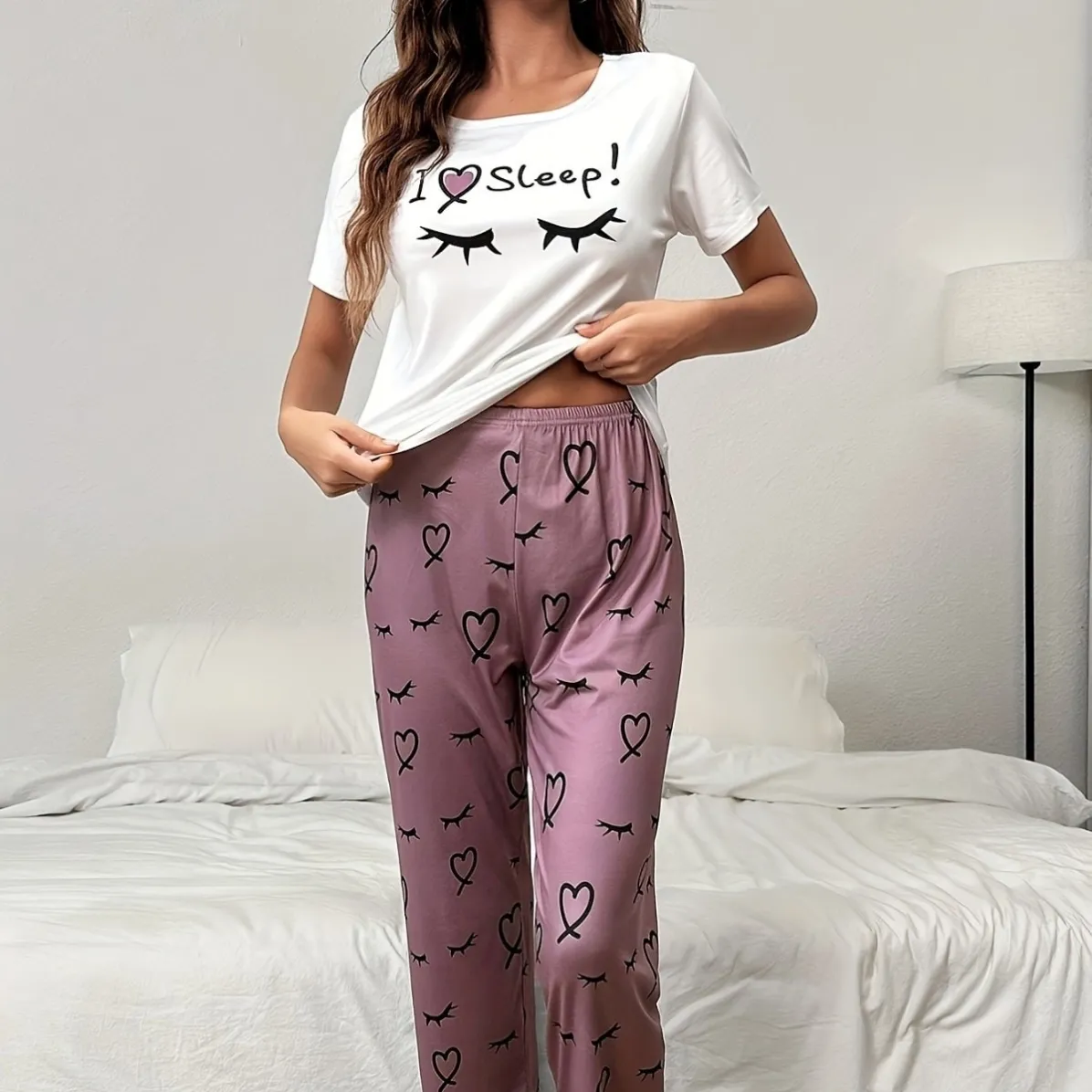 women milk silk printed short sleeve long pants pajama set xlk93056 lifestyle view
