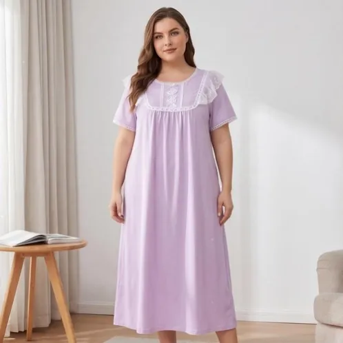 plus size short sleeve printed solid color nightdress xlkl365 front view